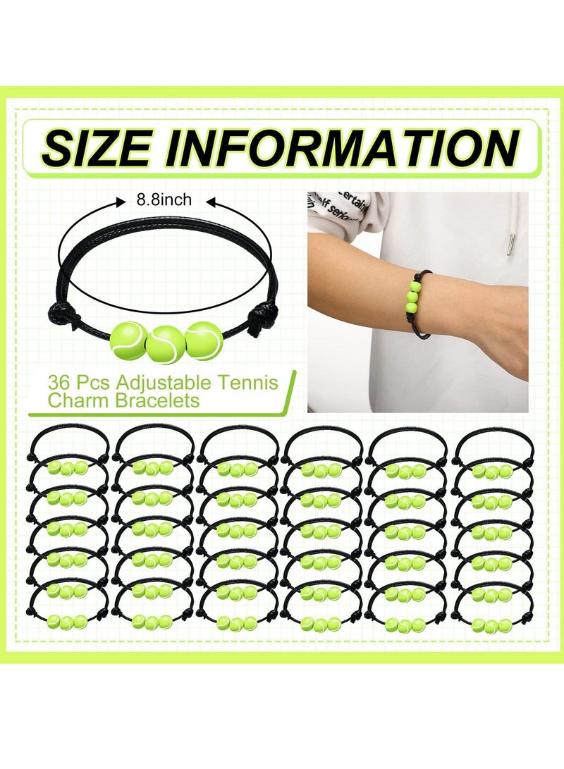 Tennis Charm Bracelets, 36 Pcs Adjustable Braided Sport Theme Charm Bracelets, Inspirational Tennis Elastic Wristband for Tennis Party Favors Sports Fan Adults Teens Students
