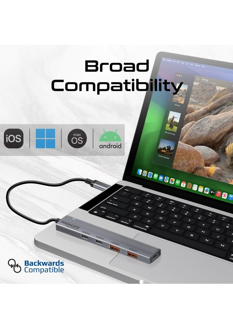4-In-1 Multi-Display Hub, Dual USB-A Ports And Dual USB-C Ports With 10Gbps Data Transfer, 15W USB-C Power Supply Input, Compact Design, Built-in USB-C Connector, And Plug & Play, LiteHub-Pro Grey