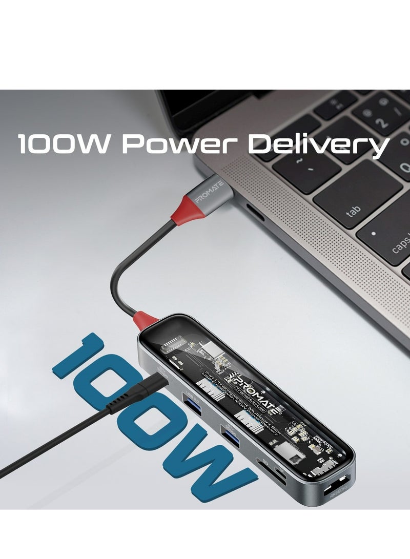 USB-C Hub, Transparent 7-in-1 Multi-Display Hub with 4K HDMI, High Capacity 2TB SD/TF Card Slot, Dual 5Gbps USB-A Ports, 100W USB-C PD and USB-C Data Port for MacBook Pro, Dell, TransHub-Lite Black
