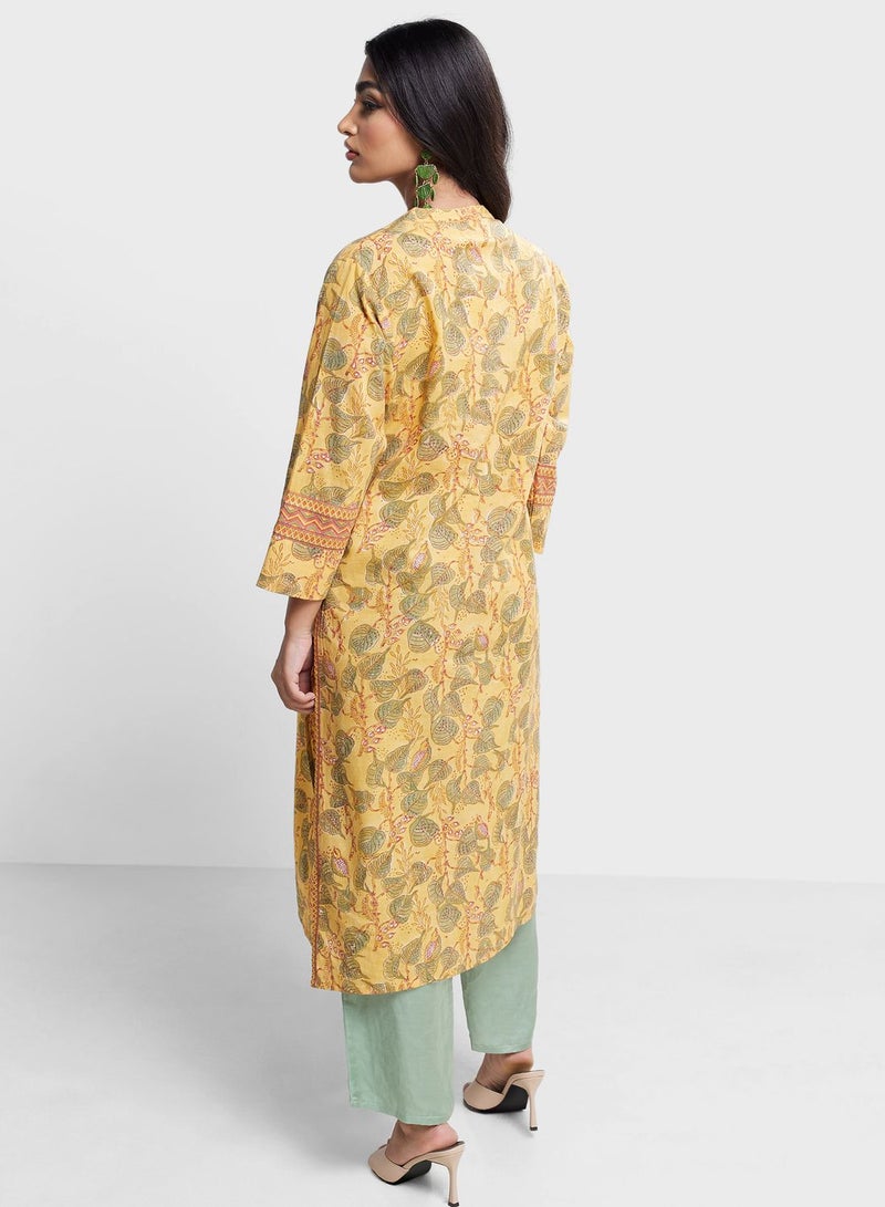 Crew Neck Floral Printed Long Kurta