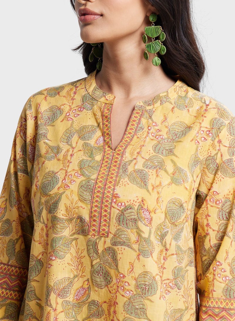 Crew Neck Floral Printed Long Kurta