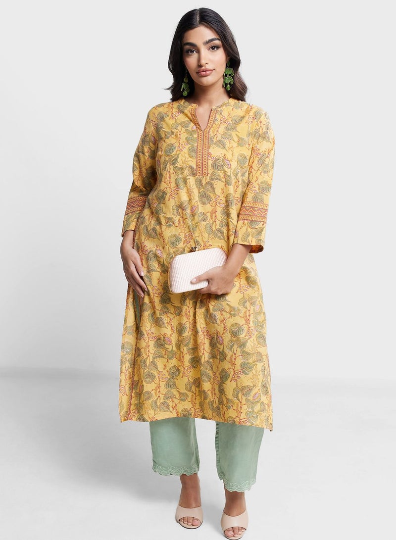 Crew Neck Floral Printed Long Kurta