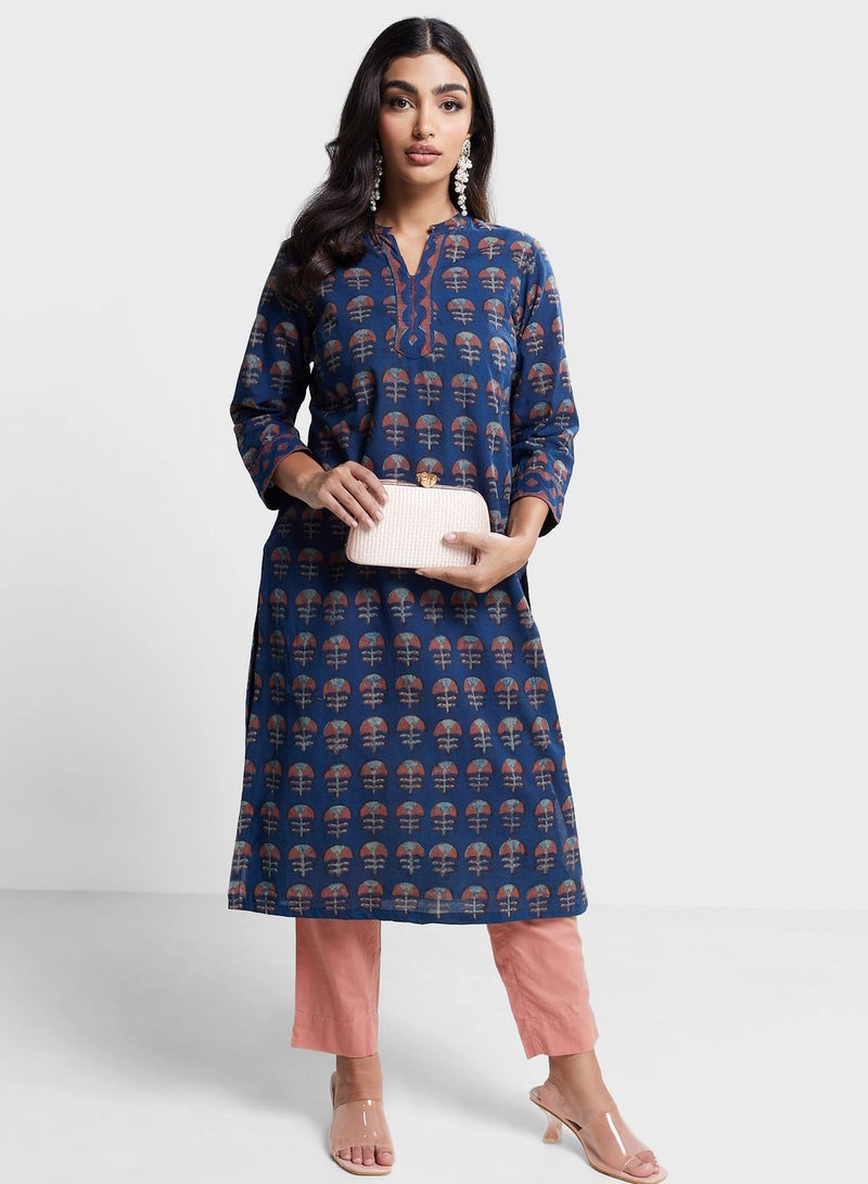 V-Neck Floral Print Long Kurta