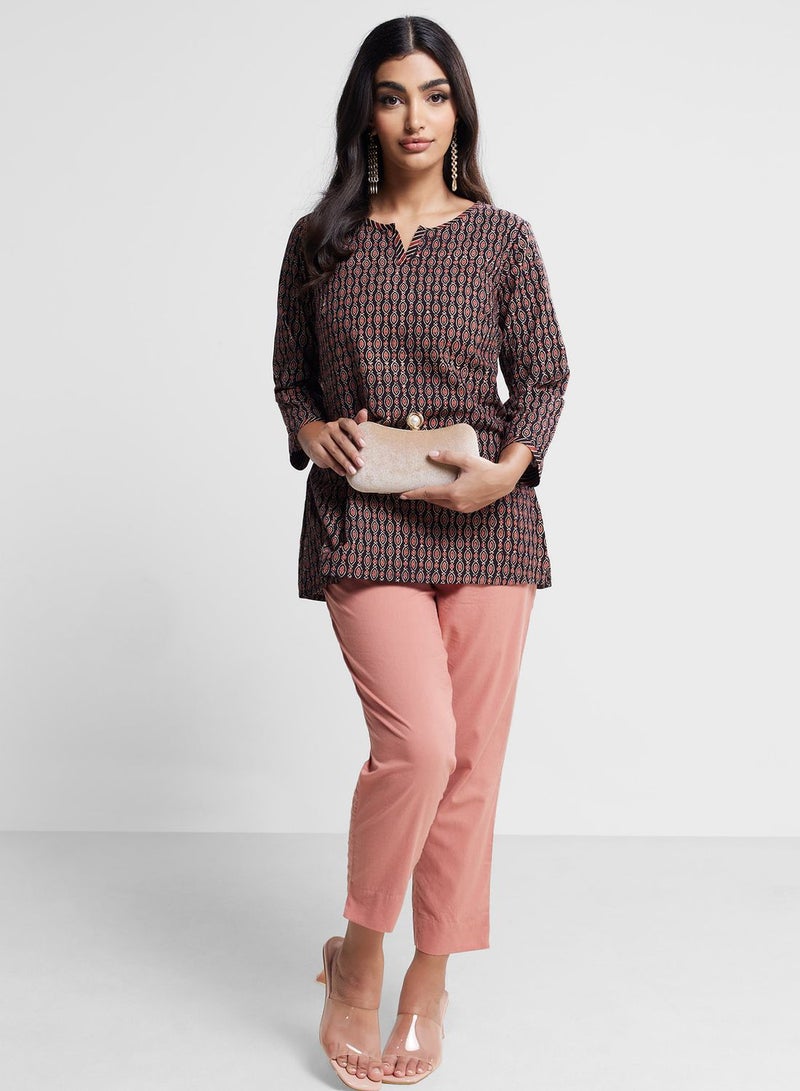 V-Neck Printed Short Kurta