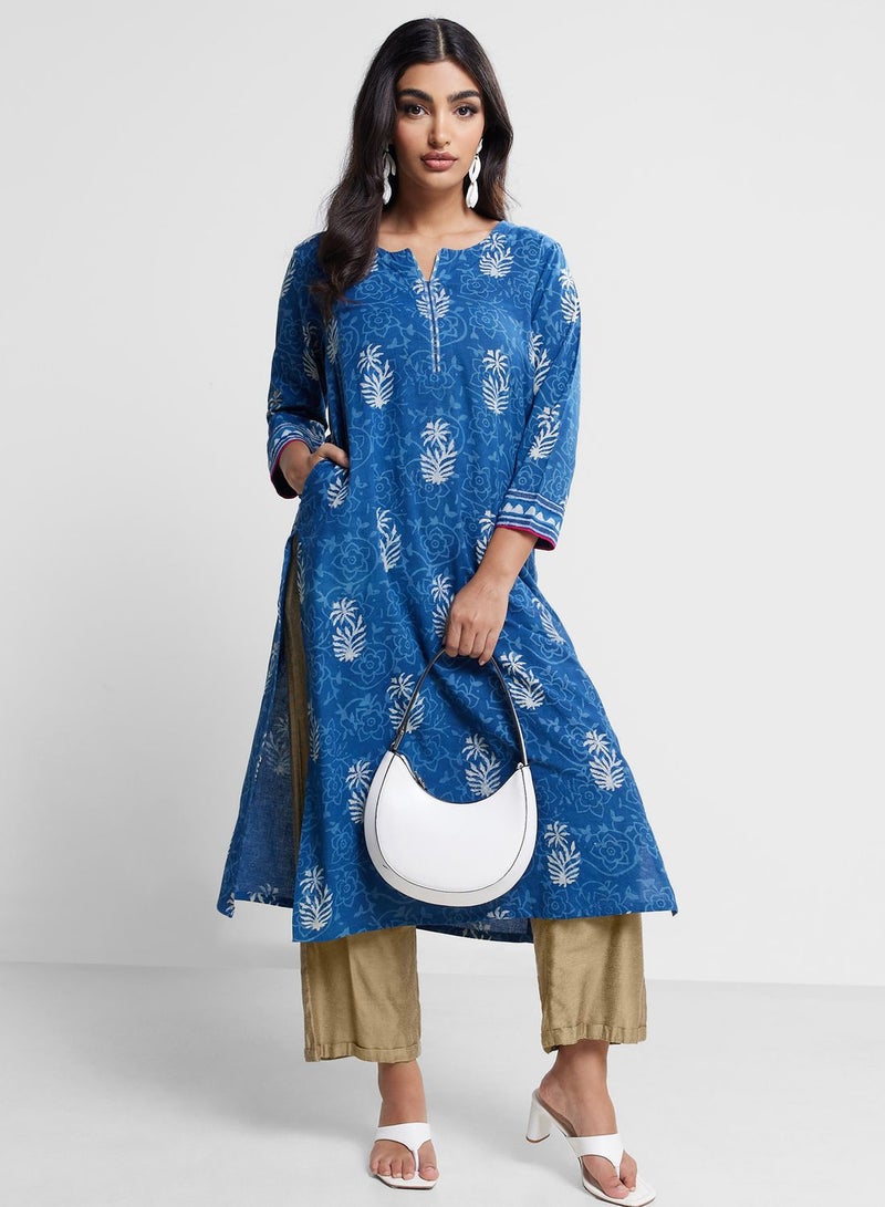 V-Neck Floral Print Long Kurta