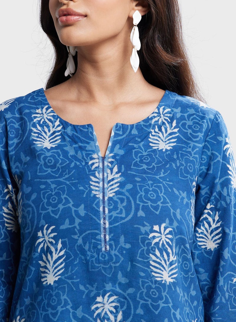 V-Neck Floral Print Long Kurta