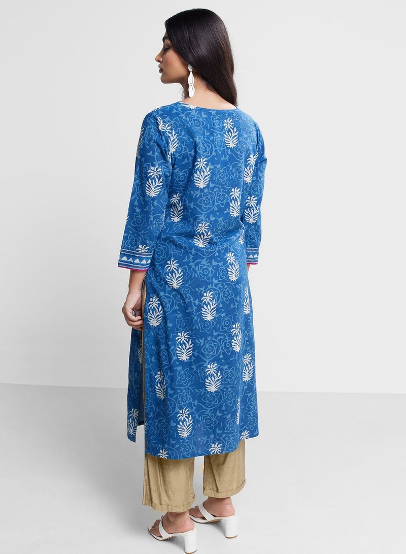 V-Neck Floral Print Long Kurta