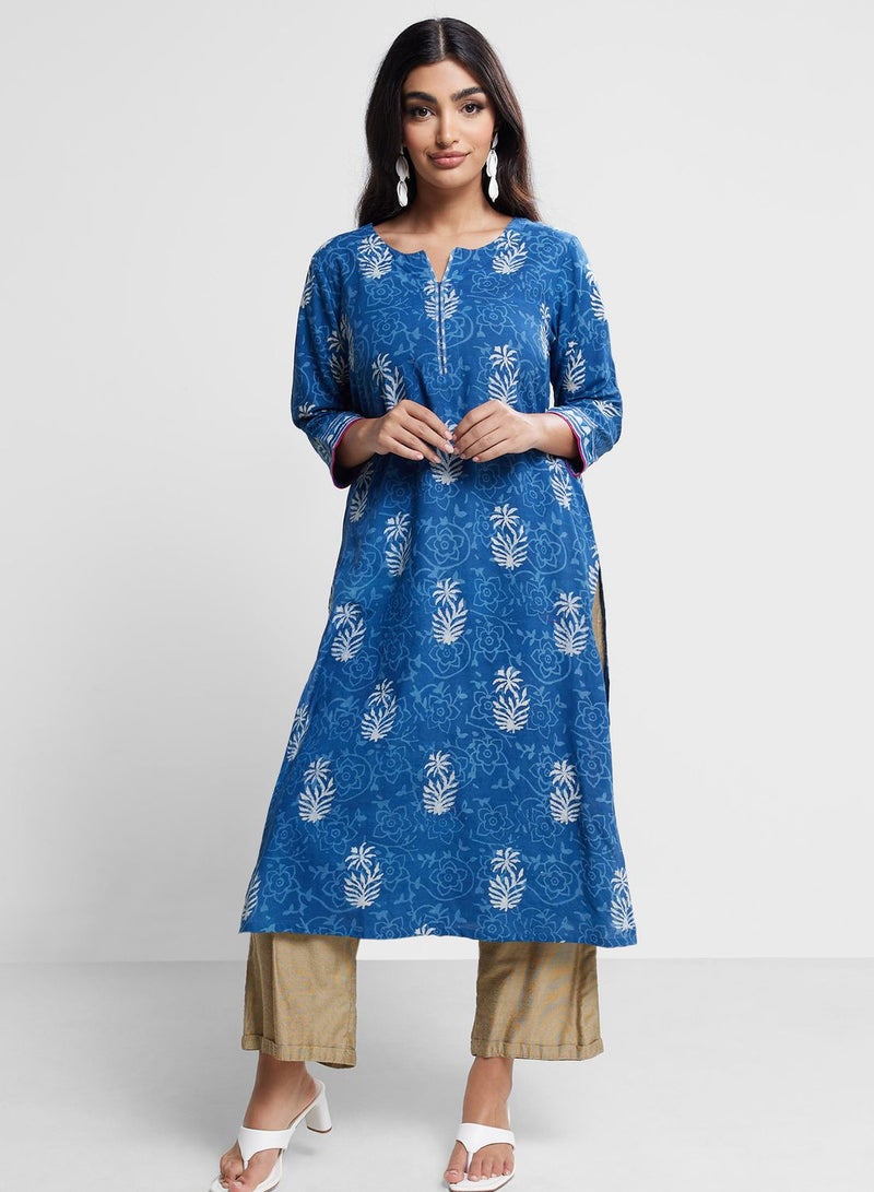 V-Neck Floral Print Long Kurta