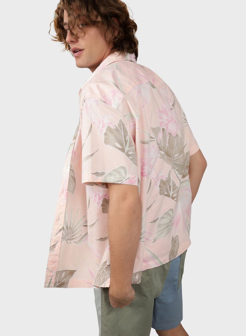 Floral Print Button Up Relaxed Fit Poolside Shirt