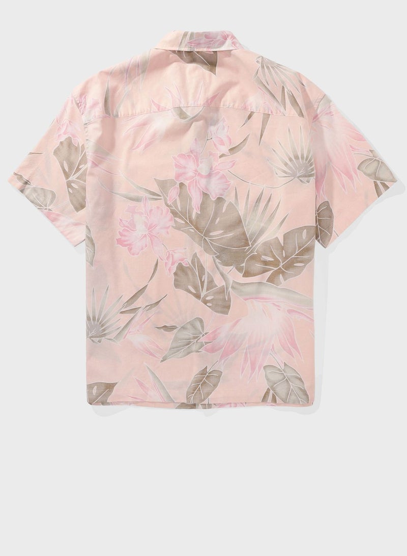 Floral Print Button Up Relaxed Fit Poolside Shirt