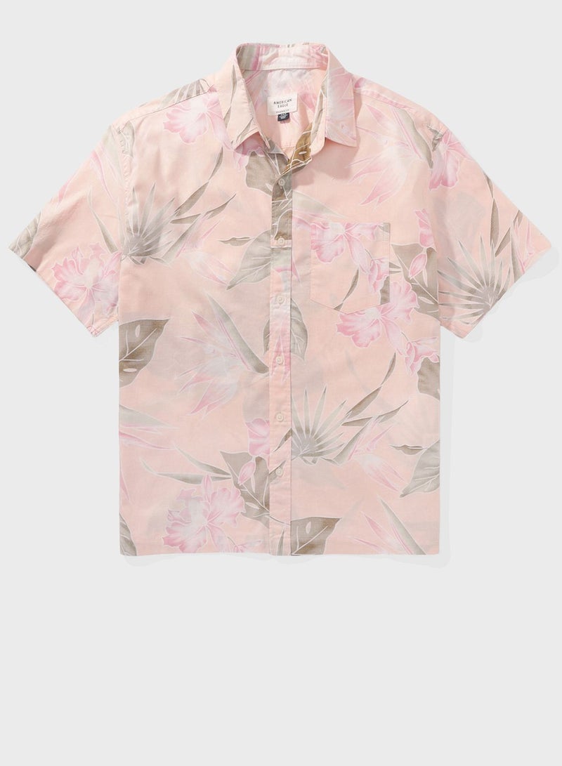 Floral Print Button Up Relaxed Fit Poolside Shirt