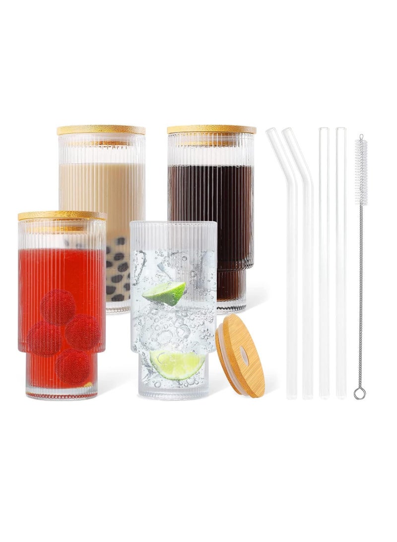 Homesmiths 450ML Borosilicate Drinking Glasses with Straws & Wooden Lid, Eco-Friendly and Sustainable, made with durable Material. Set of 4