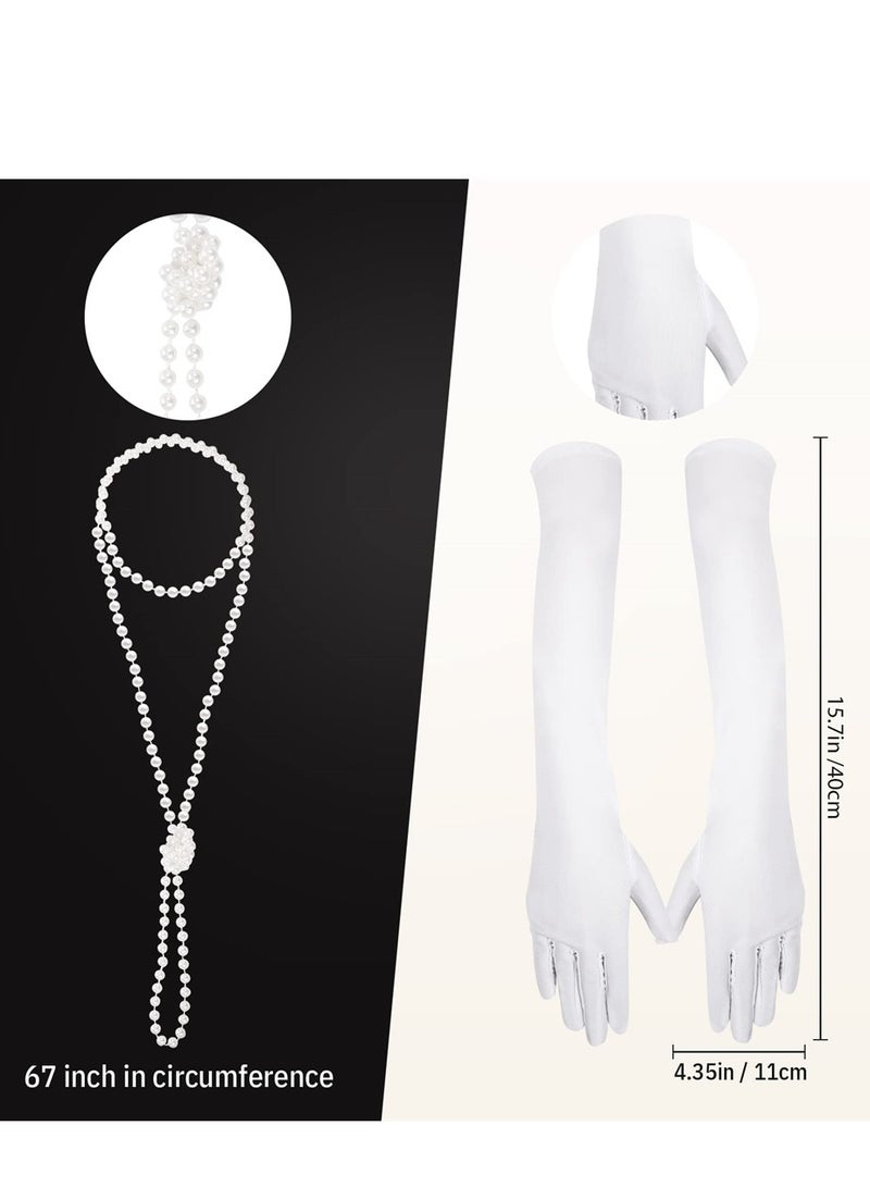 1920s Flapper Costume Accessories Set, Gatsby Costume Accessories Set for Women 20s Headpiece Earrings Gloves Holder Pearl Necklace and Feather Fan