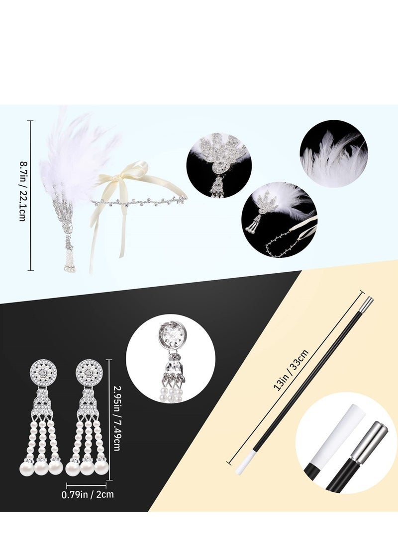 1920s Flapper Costume Accessories Set, Gatsby Costume Accessories Set for Women 20s Headpiece Earrings Gloves Holder Pearl Necklace and Feather Fan