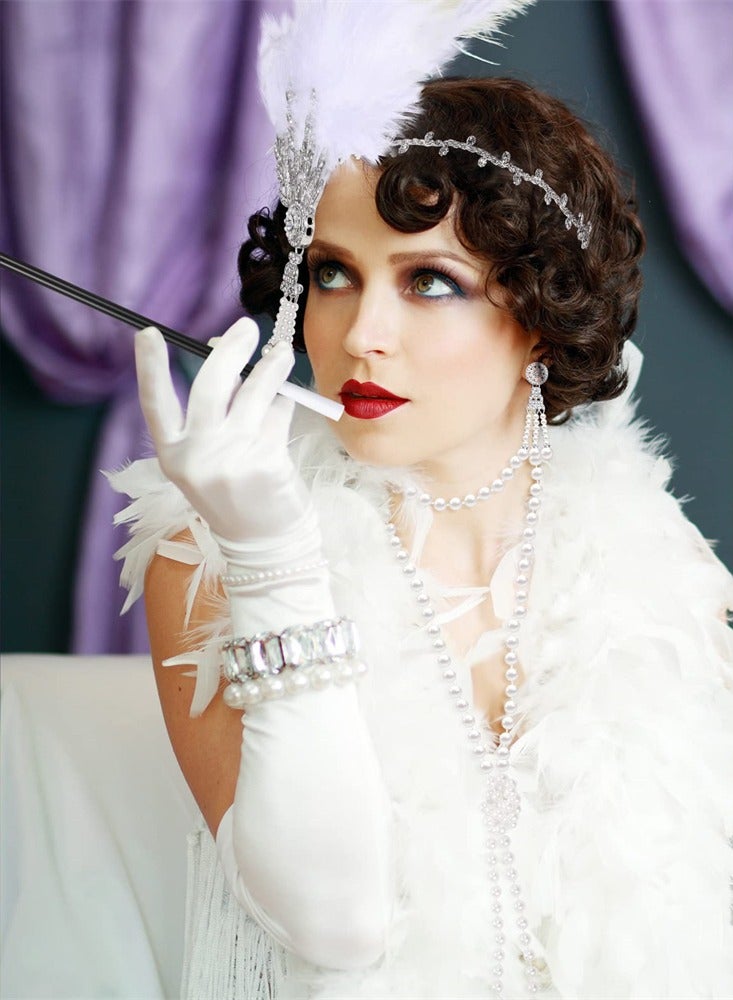1920s Flapper Costume Accessories Set, Gatsby Costume Accessories Set for Women 20s Headpiece Earrings Gloves Holder Pearl Necklace and Feather Fan