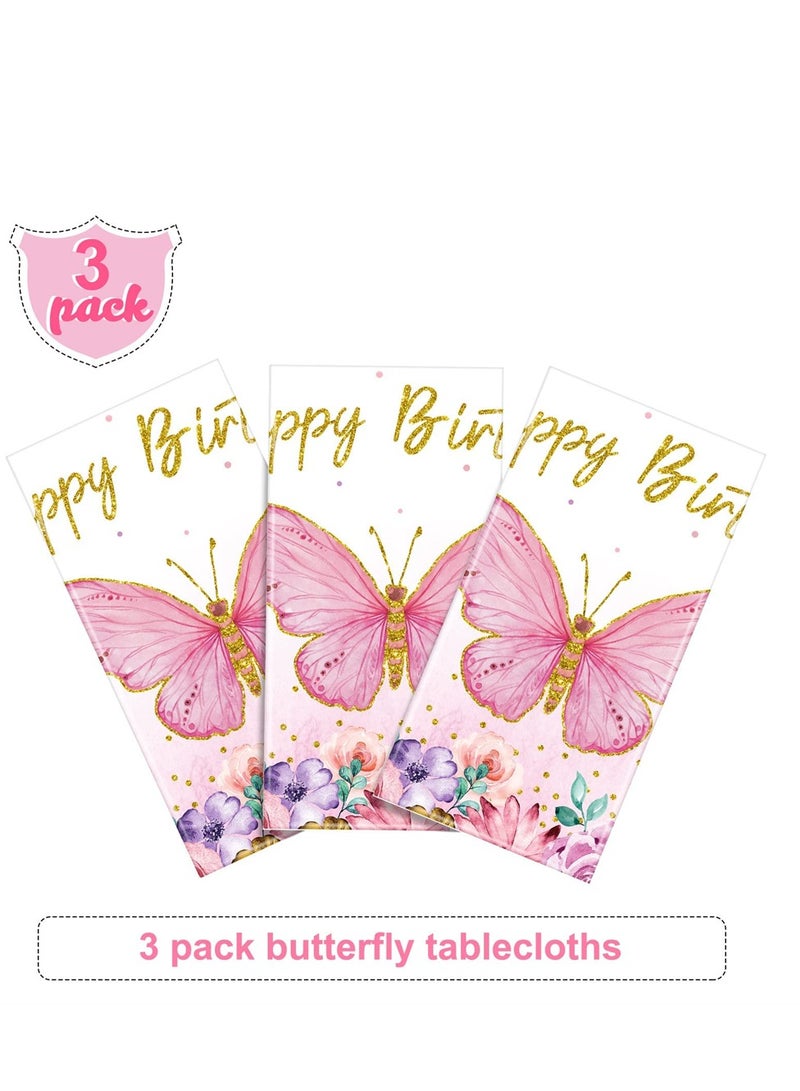 Butterfly Happy Birthday Tablecloth, Butterfly Party Decoration Rectangular Watercolor Butterfly Table Cover Spring Themed Plastic Tablecloth for Girl Party, 108 x 54 Inch (Pink, 3 Pieces)