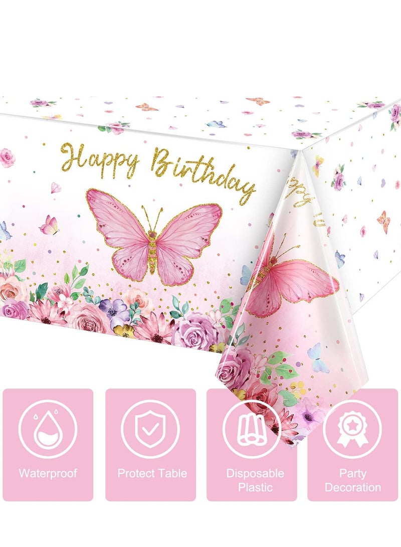 Butterfly Happy Birthday Tablecloth, Butterfly Party Decoration Rectangular Watercolor Butterfly Table Cover Spring Themed Plastic Tablecloth for Girl Party, 108 x 54 Inch (Pink, 3 Pieces)