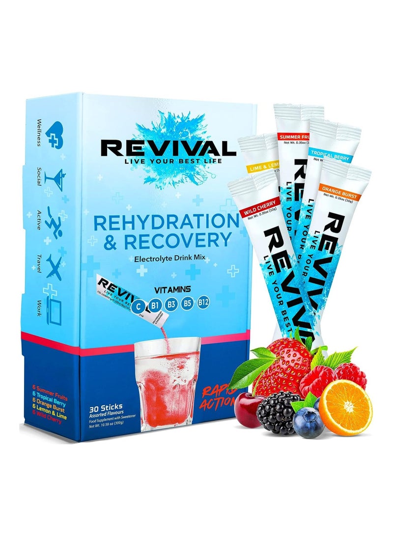 Revival Rapid Rehydration Electrolytes Powder - High Strength Vitamin C, B1, B3, B5, B12 Supplement Sachet Drink, Effervescent Electrolyte Hydration (Assorted Flavor, 30 Count