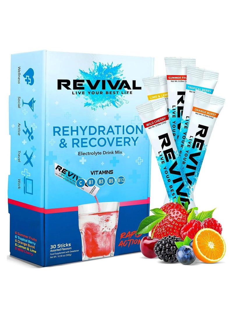 Revival Rapid Rehydration Electrolytes Powder - High Strength Vitamin C, B1, B3, B5, B12 Supplement Sachet Drink, Effervescent Electrolyte Hydration (Assorted Flavor, 30 Count