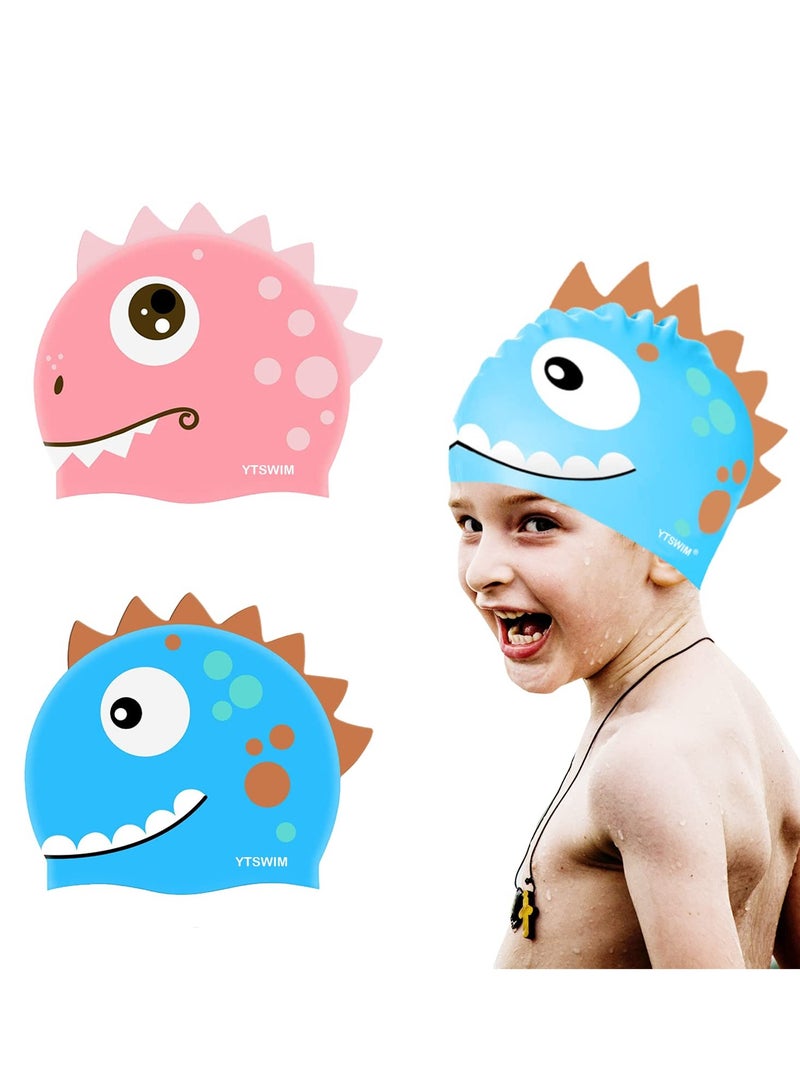 Kids Swim Cap, 2 Pcs Silicone Toddler Swim Cap for Boys Girls (Age 3-12) Cover Ears Waterproof Bathing Cap with Cute Unicorn Pattern, Keep Hair Dry Swimming Hat for Hair