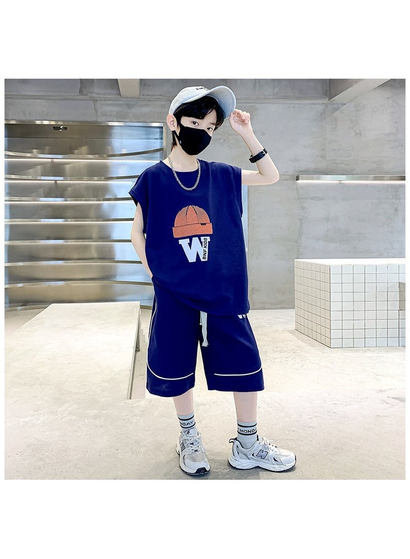 Cool Boy Fashion Print Casual Sleeveless Shorts Set Suitable For Ages 5-15