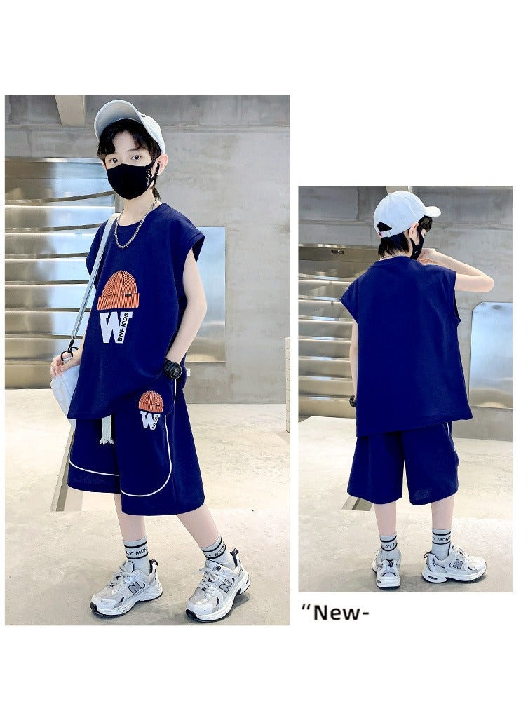 Cool Boy Fashion Print Casual Sleeveless Shorts Set Suitable For Ages 5-15