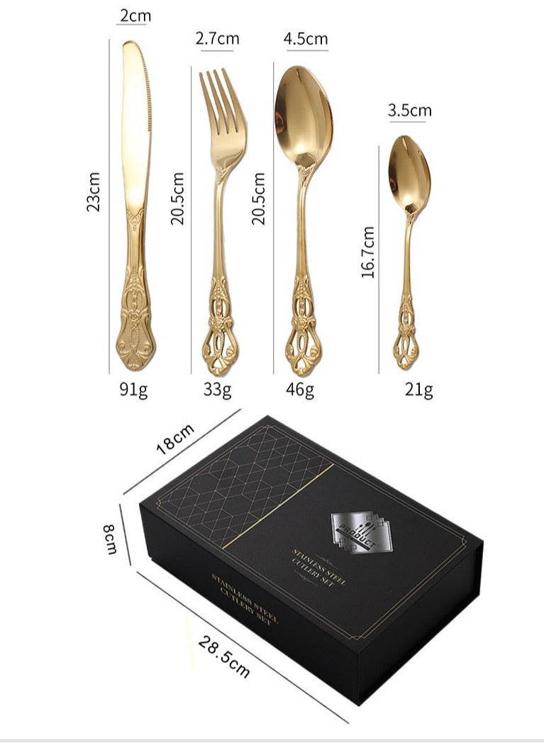 New Relief 24 Piece Set of Gold-Plated Stainless Steel Western Dining Knife Fork Tableware Set
