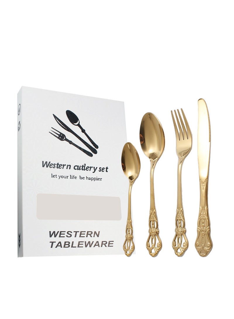 New Relief 24 Piece Set of Gold-Plated Stainless Steel Western Dining Knife Fork Tableware Set