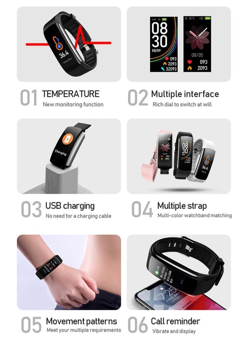 C6T Body Temperature Bracelet Watch Smart Sports Bracelet IP67 Information Push Sleep Exercise Step Waterproof Sports Smart Bracelet Blood Pressure Monitoring (Black)