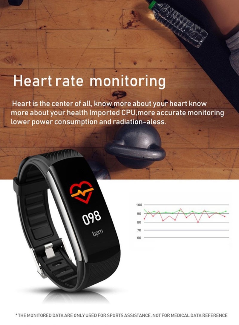 C6T Body Temperature Bracelet Watch Smart Sports Bracelet IP67 Information Push Sleep Exercise Step Waterproof Sports Smart Bracelet Blood Pressure Monitoring (Black)