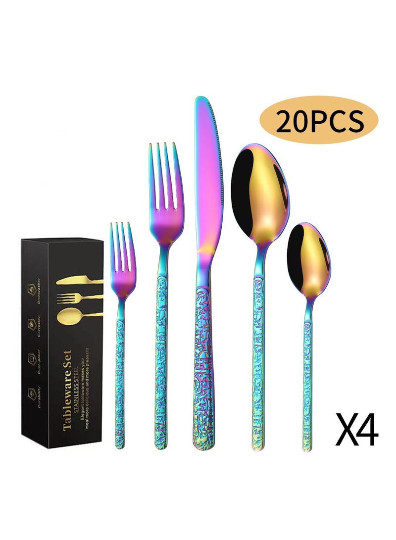 20 Piece Set Of Stone Patterned Stainless Steel Tableware knives Forks Spoons