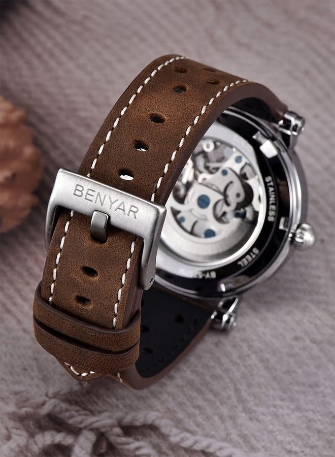 Men's Fashion Automatic Watch, Stainless Steel 40MM Frame, Gold Dial, Brown Leather Strap