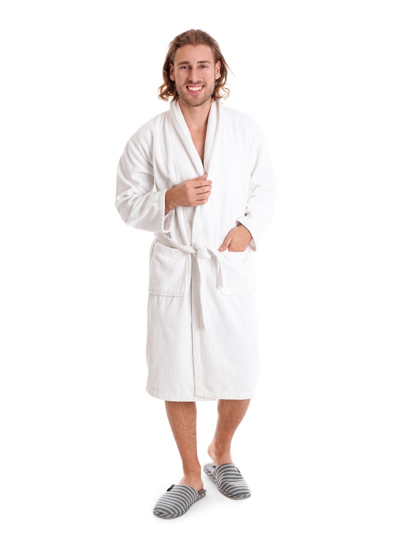 400 GSM Unisex Cotton Fleece Bathrobe Skin-friendly Zero Twist Breathable Nightgown Simple Hooded Home Clothes White