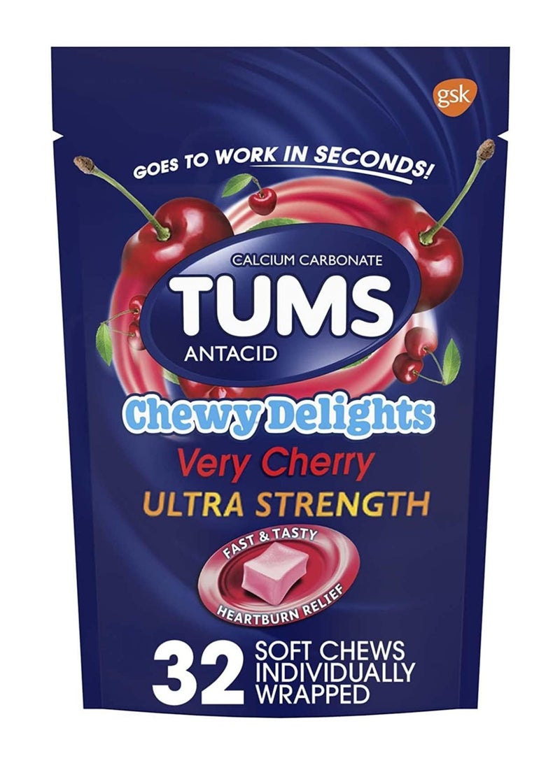 TUMS Chewy Delights Ultra Strength Antacid Soft Chews for Chewable Heartburn Relief and Acid Indigestion Relief, Very Cherry - 32 Count