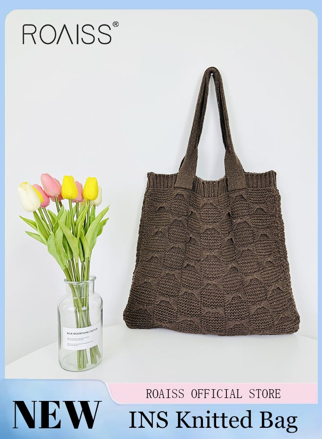 Women Knitted Shoulder Bag Solid Color Design Fashionable and Versatile Large Capacity Tote Bag