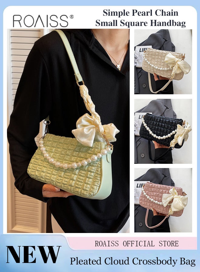 Women Minimalist Pearl Chain Handbag Niche Design Mini Square Bag with Ruffled Cloud Pattern Fashionable Crossbody Bag for Women