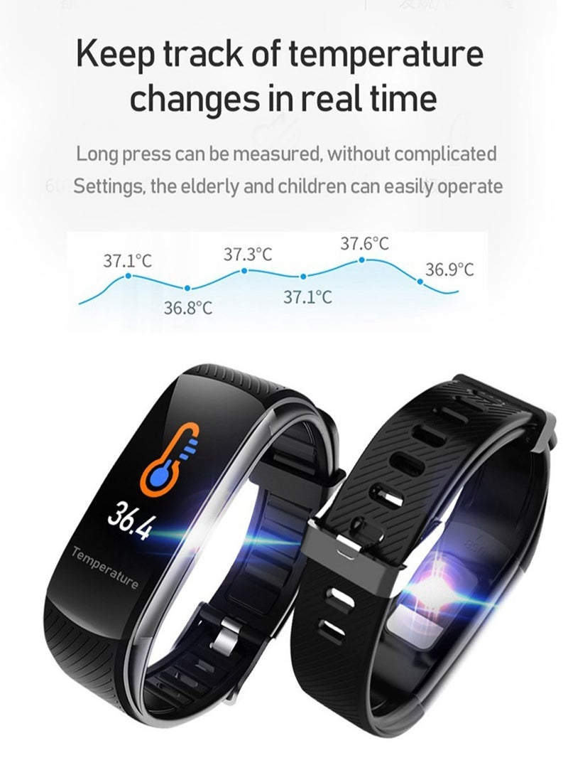 C6T Body Temperature Bracelet Watch Smart Sports Bracelet IP67 Information Push Sleep Exercise Step Waterproof Sports Smart Bracelet Blood Pressure Monitoring (Blue)