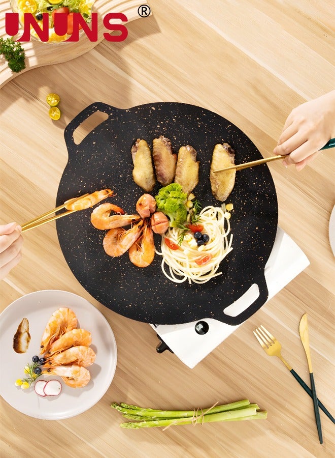 34cm Thickened Bbq Grill Pan,Grill Plate Barbecue Pan,Meat Roasting Pan Uncoated Nonstick Cookware For Home Gas/Outdoor Stoves,Round BBQ Griddle Pan With Hangable Handles,Baking Pancakes Ribs Pan