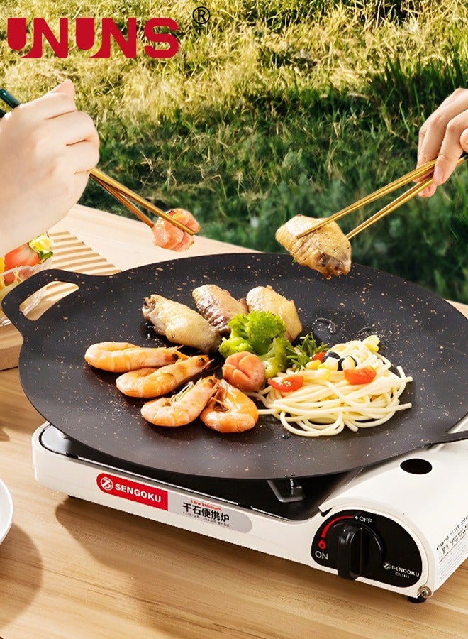 34cm Thickened Bbq Grill Pan,Grill Plate Barbecue Pan,Meat Roasting Pan Uncoated Nonstick Cookware For Home Gas/Outdoor Stoves,Round BBQ Griddle Pan With Hangable Handles,Baking Pancakes Ribs Pan