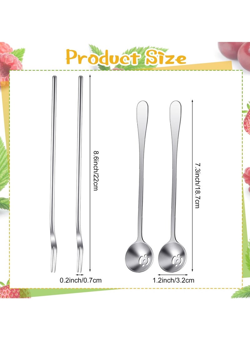 SYOSI 4 Pcs Pickle Fork and Olive Spoon Strainer, Stainless Steel Long Handle Pickle Fork and Olive Spoon Jars Serving Spoon and Fork Set with Drain Hole for Pickle Cucumber Arugula Caper