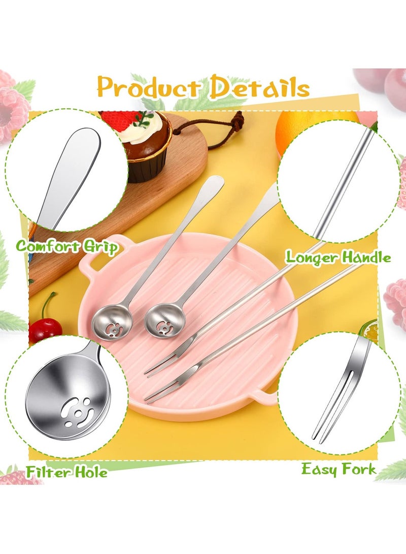 SYOSI 4 Pcs Pickle Fork and Olive Spoon Strainer, Stainless Steel Long Handle Pickle Fork and Olive Spoon Jars Serving Spoon and Fork Set with Drain Hole for Pickle Cucumber Arugula Caper