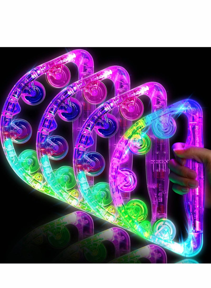 Light Up Tambourine, LED Tambourine Musical Flashing Tambourine Handheld Percussion Instrument, Ring Metal Jingles Percussion Musical Educational Hand Instrument, Party Kids Games (4 PCS)