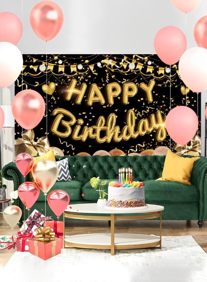 Happy Birthday Party Decorations Supplies Birthday Party Backdrop Happy Birthday Banner Baby Shower Photography Background Photo Booth Black and Gold 180*110cm