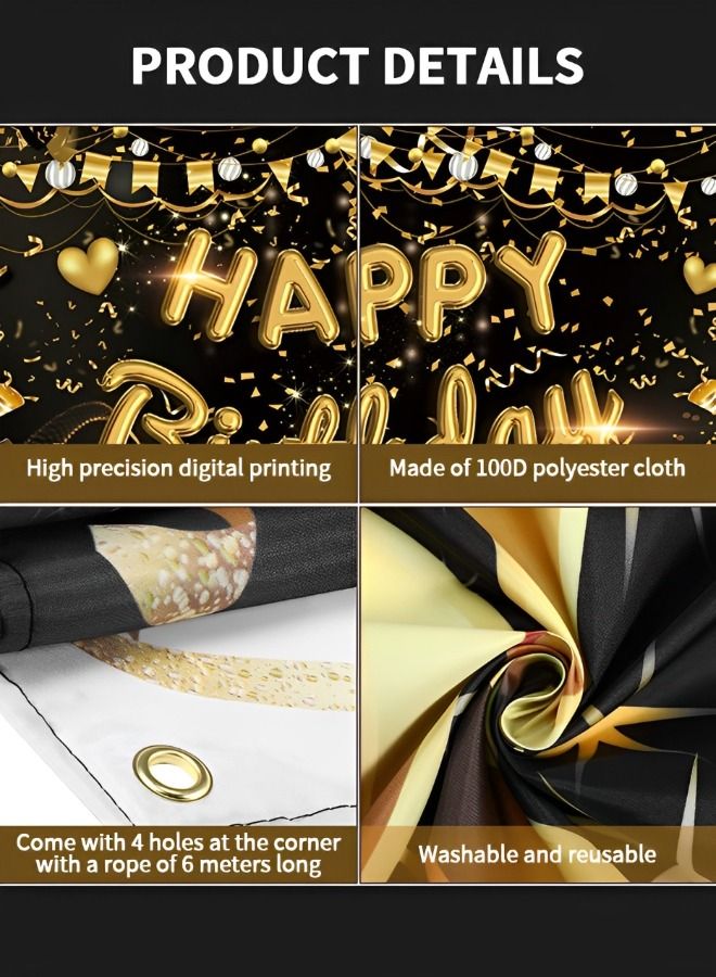 Happy Birthday Party Decorations Supplies Birthday Party Backdrop Happy Birthday Banner Baby Shower Photography Background Photo Booth Black and Gold 180*110cm