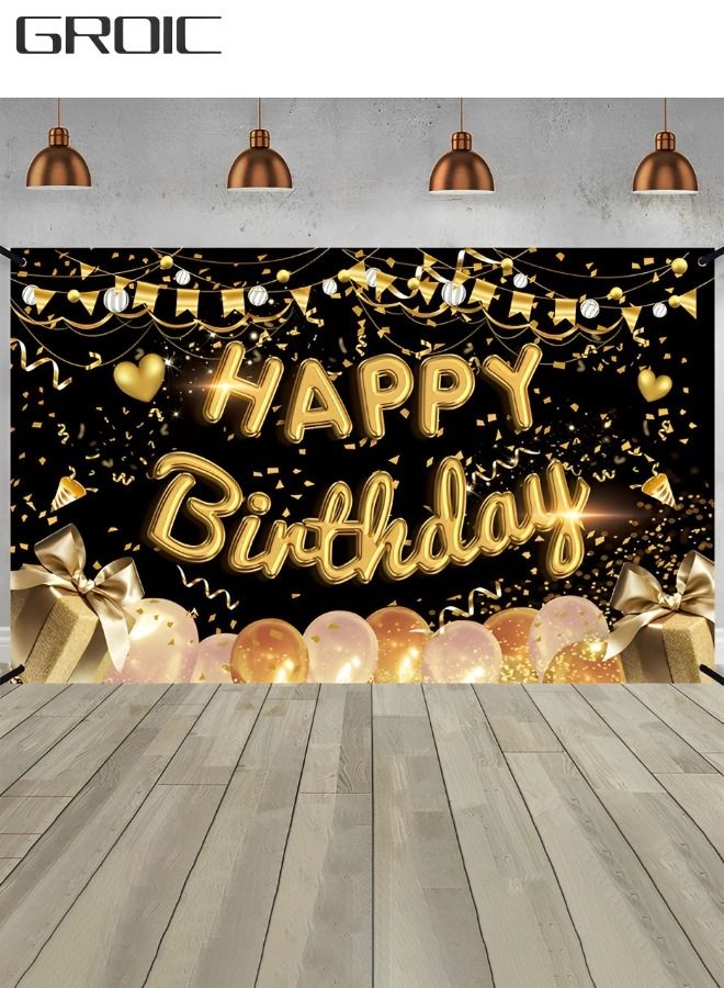 Happy Birthday Party Decorations Supplies Birthday Party Backdrop Happy Birthday Banner Baby Shower Photography Background Photo Booth Black and Gold 180*110cm