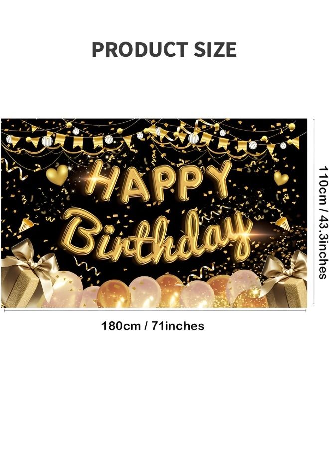 Happy Birthday Party Decorations Supplies Birthday Party Backdrop Happy Birthday Banner Baby Shower Photography Background Photo Booth Black and Gold 180*110cm