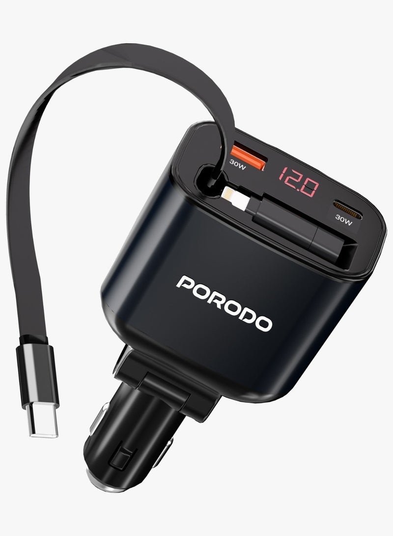 105W Dual Port & Dual Connector Car Charger With Retractable Cable 2FT/80CM / Universal Compatibility / Voltage Monitor / Simultaneous Charging  - Black