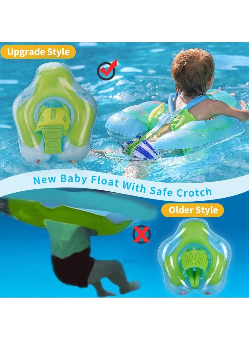 Baby Swimming Inflatable Float with Sun Protection Canopy Children Waist Ring Pool Floats add Tail no flip Over Swim Trainer for Infants Swimming Buoy (Green Swimming Ring)