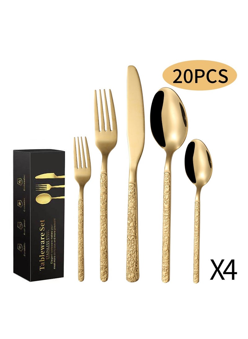 20 Piece Set Of Stone Patterned Stainless Steel Tableware knives Forks Spoons