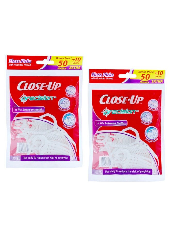 Closeup Precision Floss Picks W/ Flouridex Thread 60 Count Pack Of 2 (120 Flossers) By Closeup